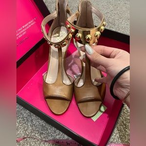 Edgy gold and brown leather studded heels